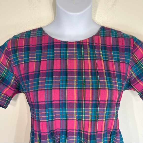 Vintage 90s Pleated Plaid Midi Dress Short Sleeves High Low Pink Blue - Picture 3 of 12